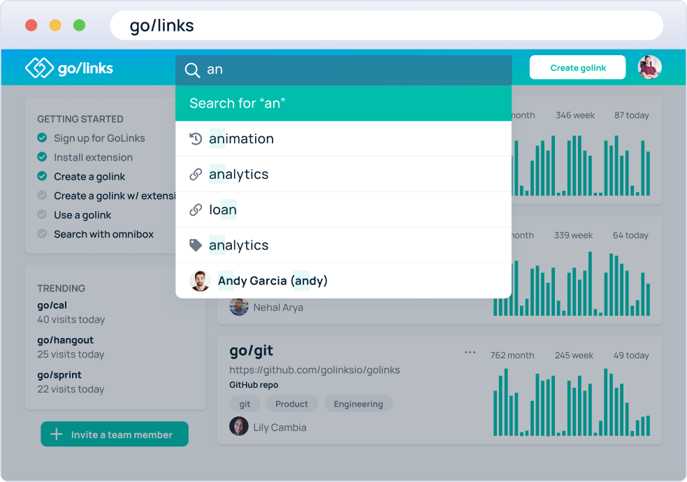 Searching on GoLinks® dashboard